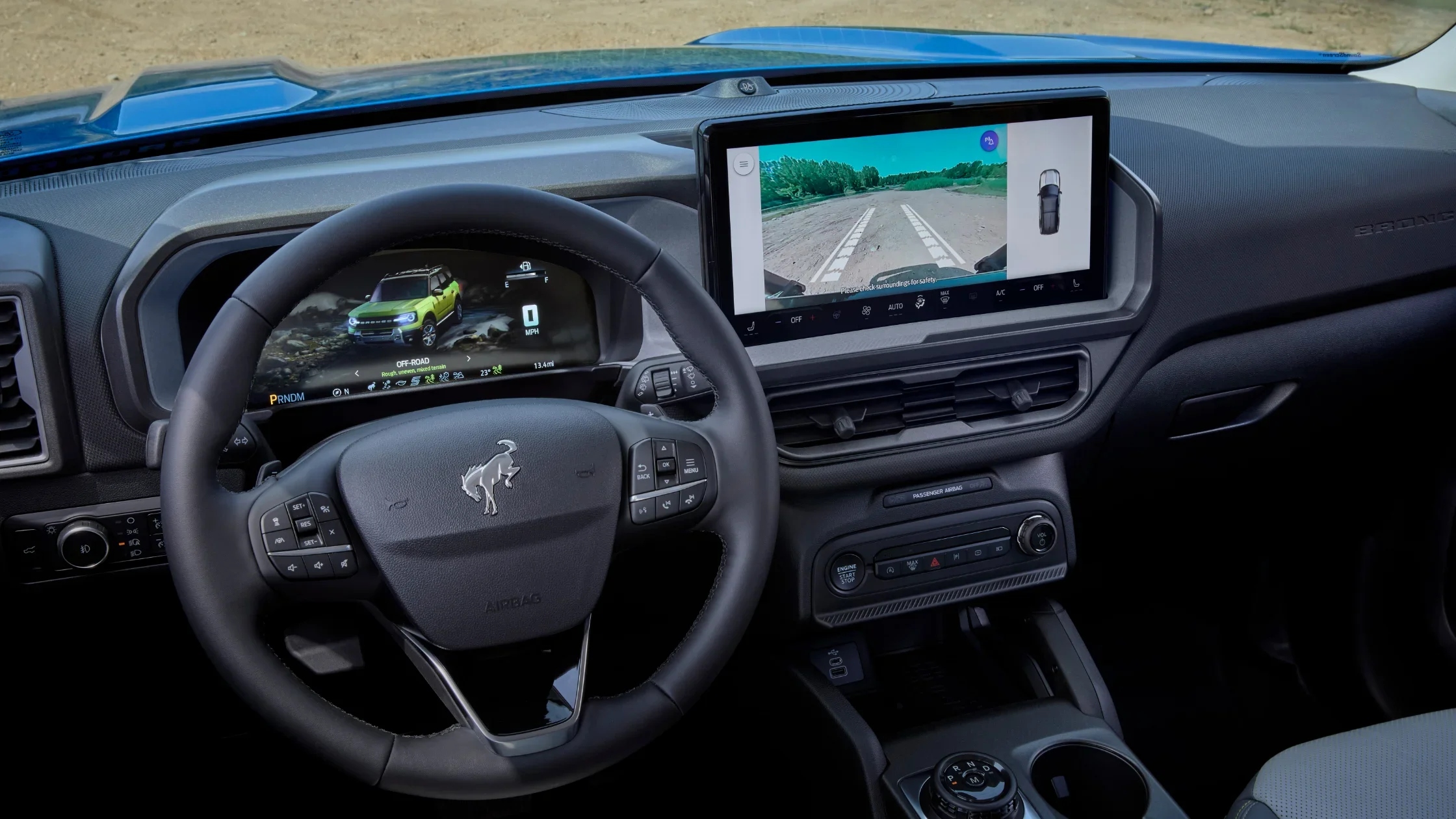 2025 Ford Bronco® interior with digital off-road display and trail camera view on center screen