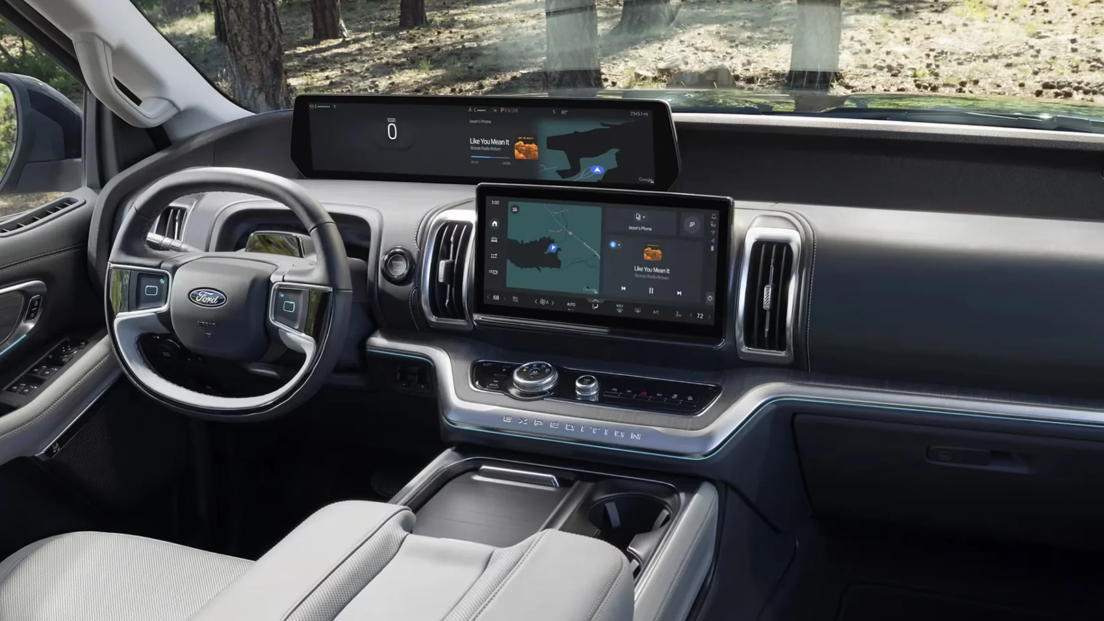 Digital dashboard and infotainment screen in 2025 Ford Expedition with navigation and media display.