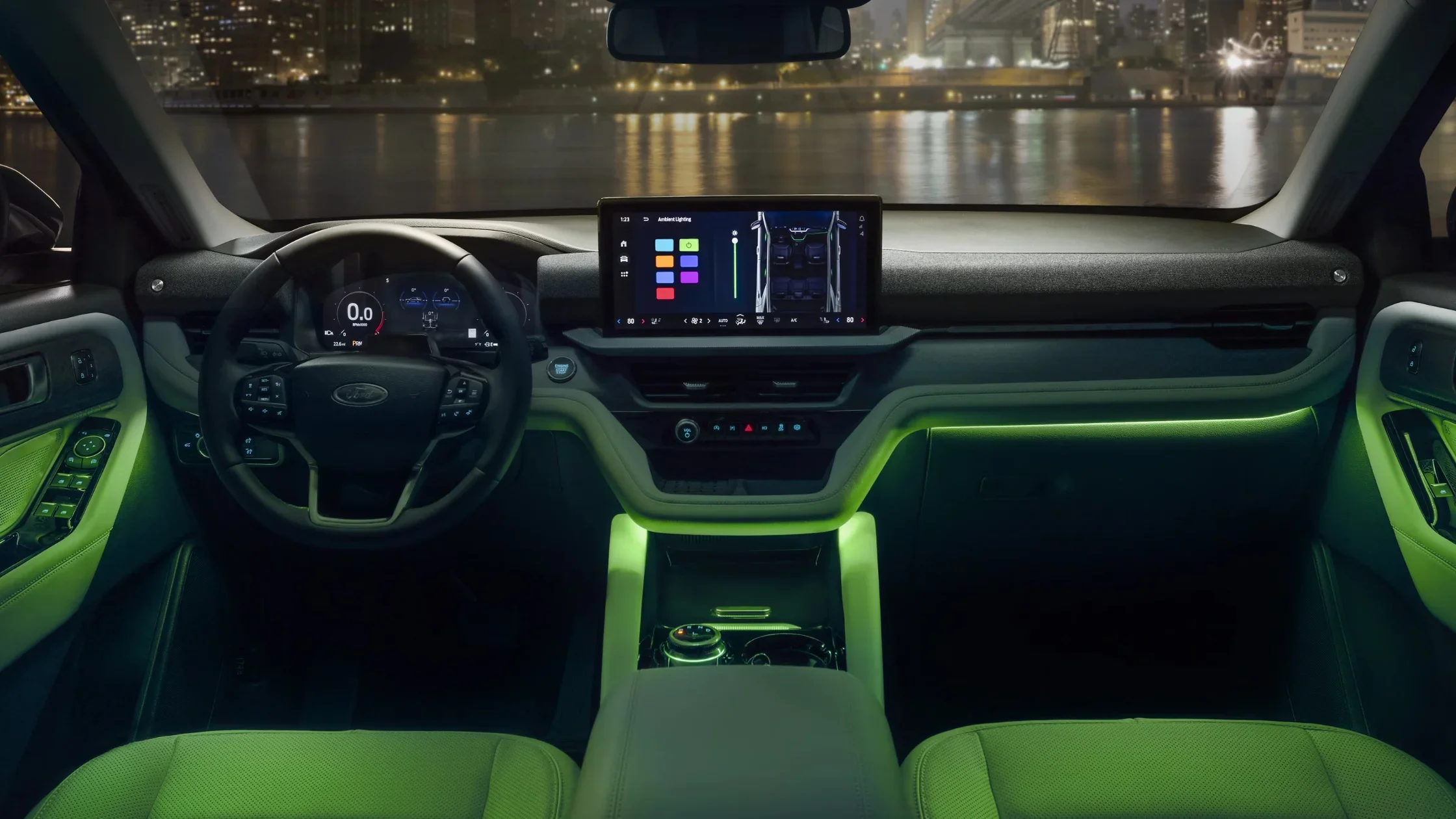 2025 Ford Explorer interior with ambient lighting, digital cluster, and touchscreen infotainment display.