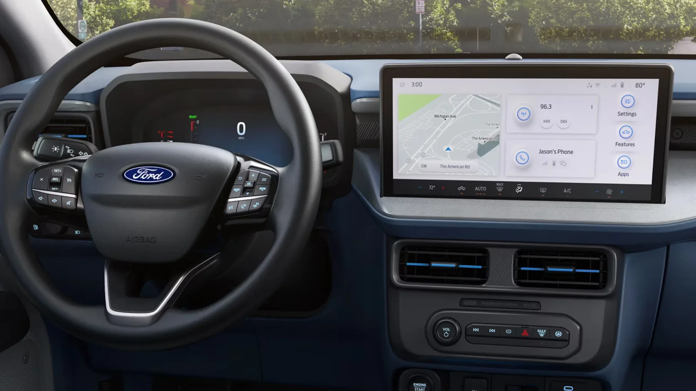 Interior of the 2025 Ford Maverick® featuring steering wheel controls and a wide infotainment display with built-in navigation.