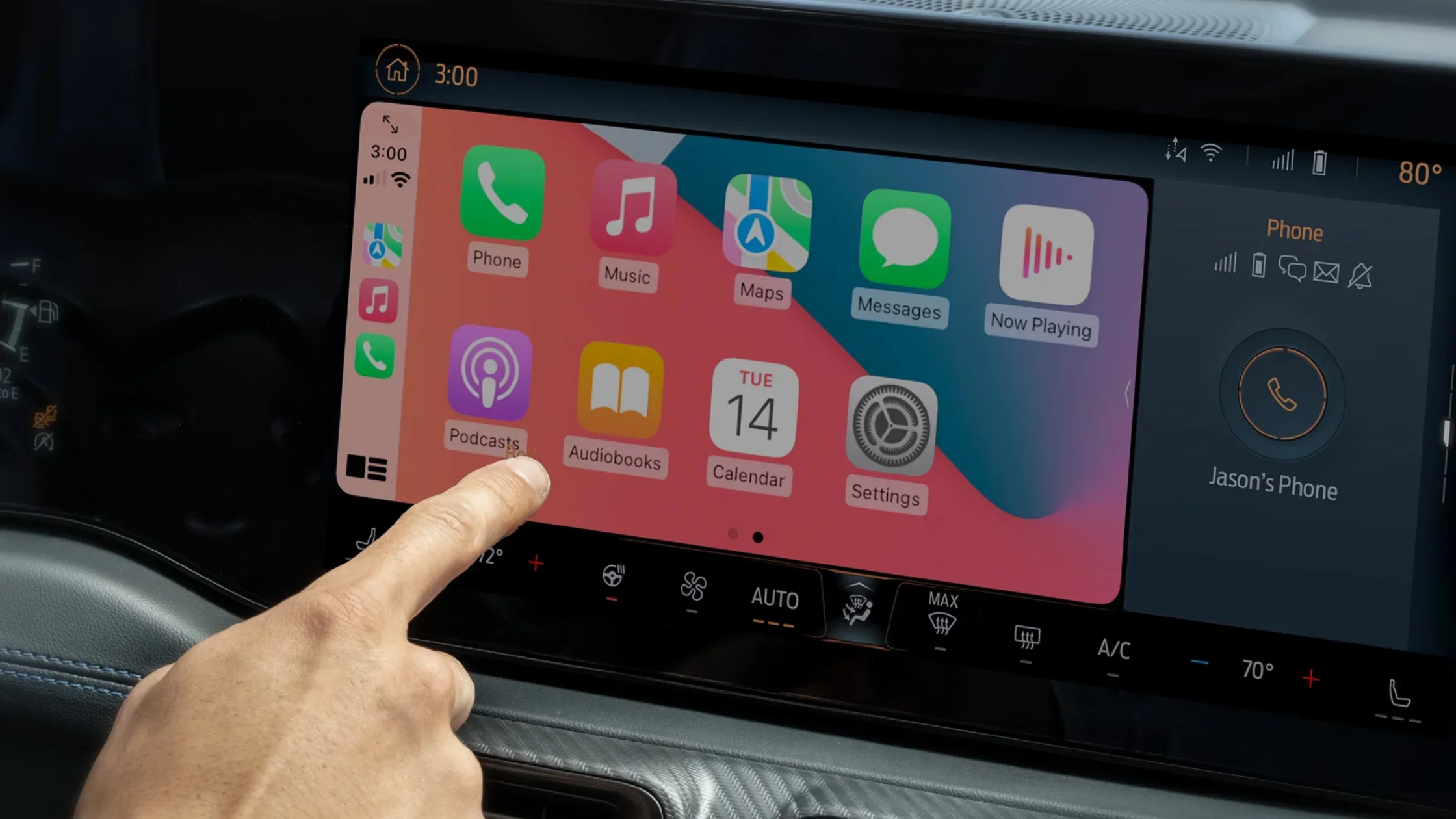 Close-up of 2025 Ford Mustang® touchscreen display featuring Apple CarPlay interface and climate controls.